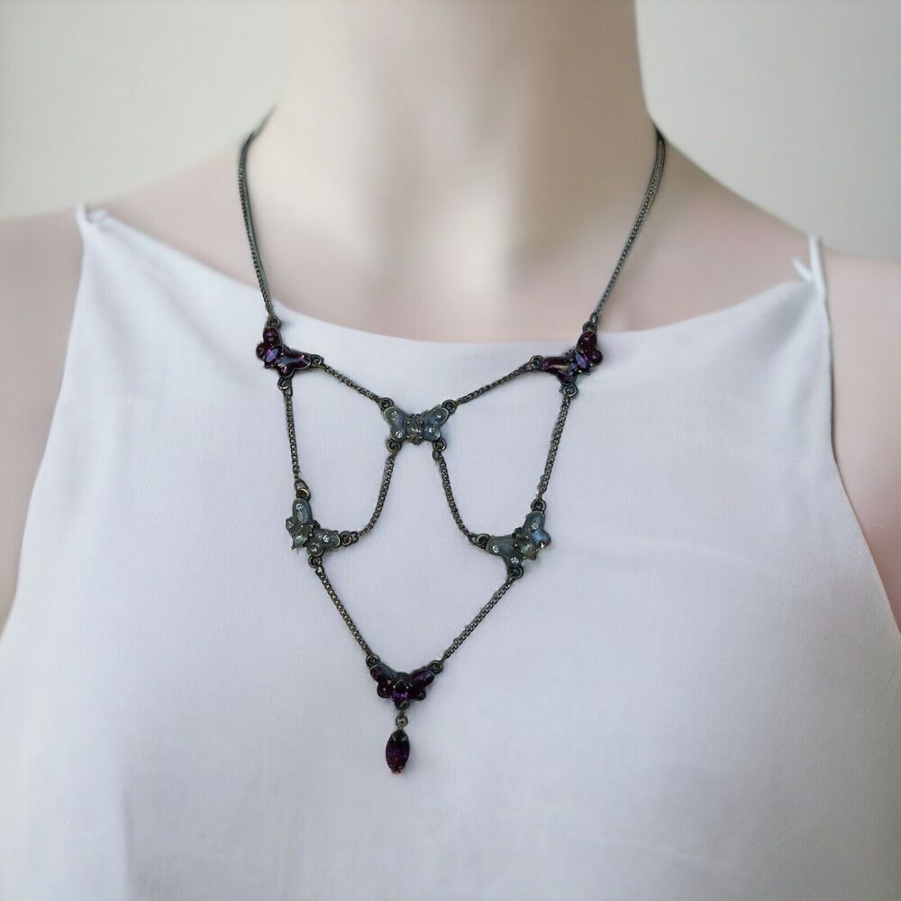 DON LIN Signed Enamel Butterfly Rhinestone Festoon Style Necklace Antiqued Bronz